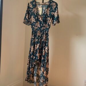 Floral High-Low Dress in Green and Beige